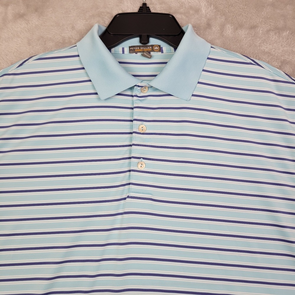 Peter Millar Summer Comfort Shirt Men's L Blue Striped Short Sleeve Golf Polo